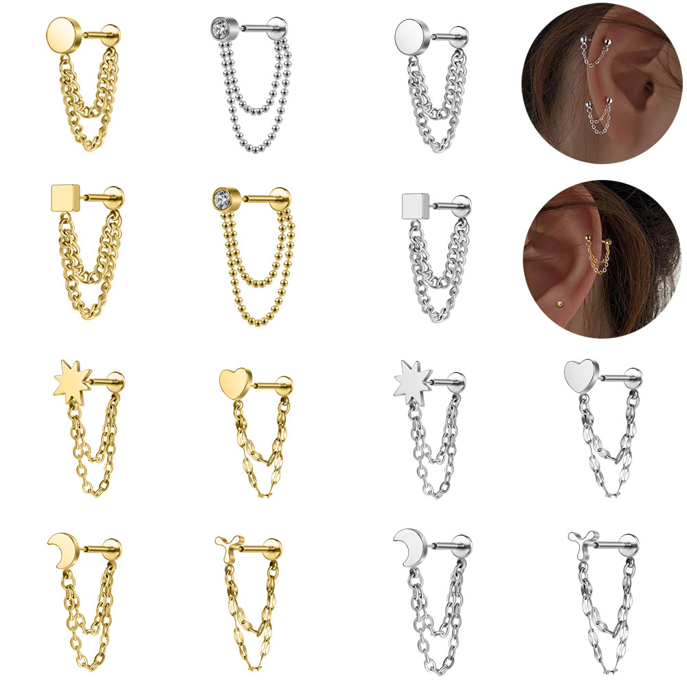 1pc 16G ต่างหูกระดูกอ่อนสแตนเลส Push-in หู Studs Moon Heart Conch Helix เจาะต่างหูยาวต่างหูสตั๊ดสําหรับผู้หญิง