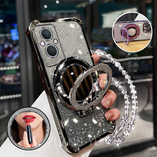 กันกระแทกเคสสําหรับ OPPO reno 7z 5g reno 8z 5g เคสโทรศัพท์ 3D ที่วางกระจกแต่งหน้าสร้อยข้อมือใหม่ softcase