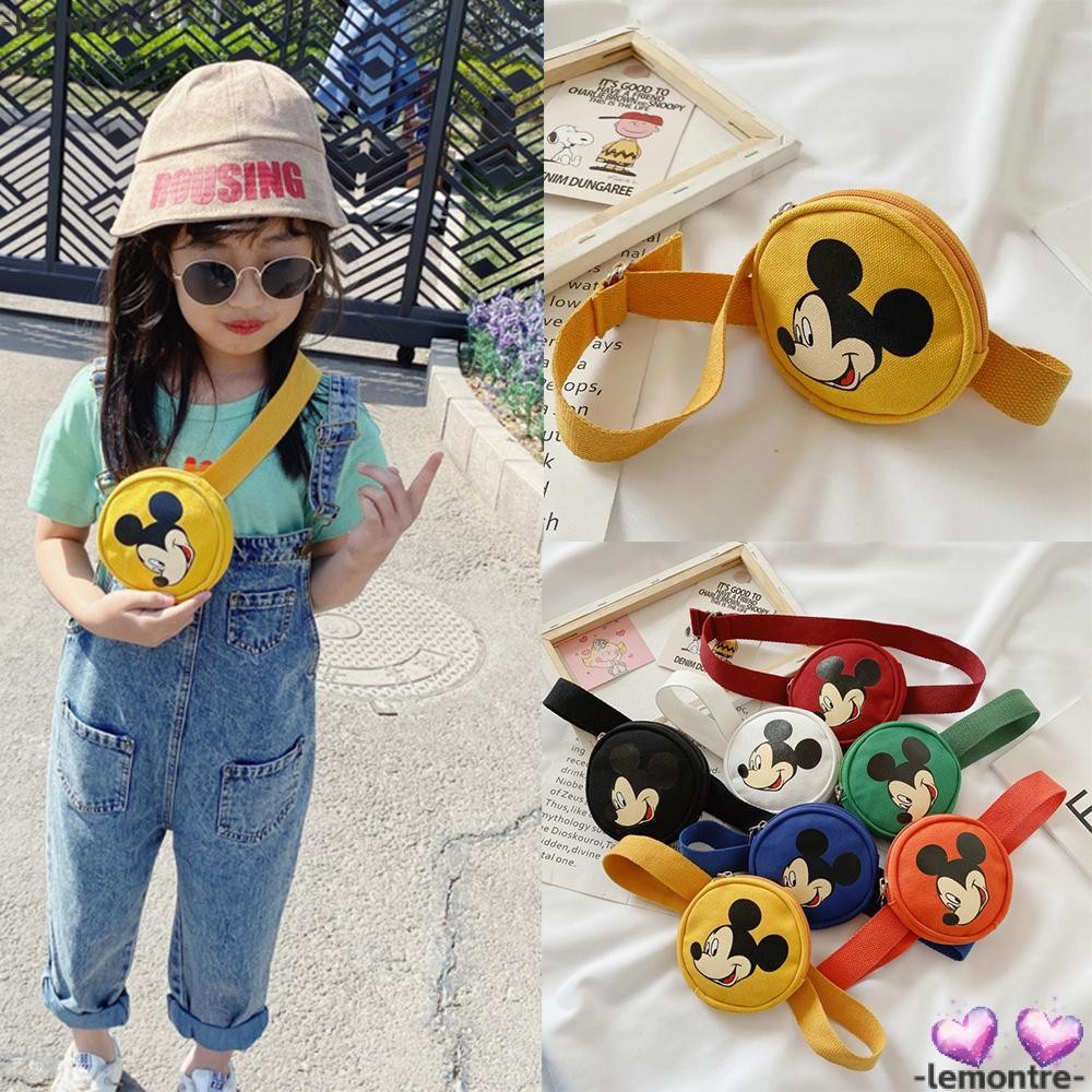 Lemontre กระเป๋าสะพายข้างลายการ์ตูน,กระเป๋าคาดหน้าอกมิกกี้เมาส์มัลติฟังก์ชั่นขนาดเล็ก,กระเป๋าคาดเอวพิมพ์ลายผ้าใบ