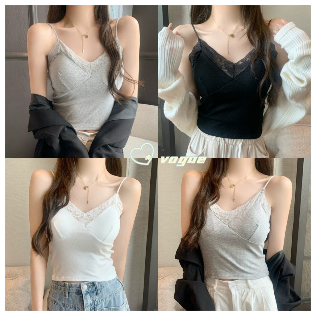 Vogue พร้อมส่ง แขนกุด เสื้อสายเดี่ยว เสื้อกล้ามแขนกุดคอวี สายเดี่ย วเซ็กซี่ ด้วยลูกไม้บีน่า (FY32164)