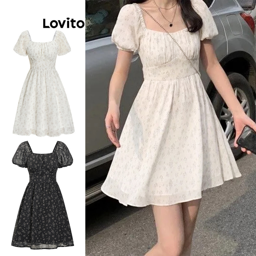Lovito เดรสผู้หญิง ลายดอกไม้เดซี่ สไตล์ลำลอง L65ED128 (สีแอปริคอท)