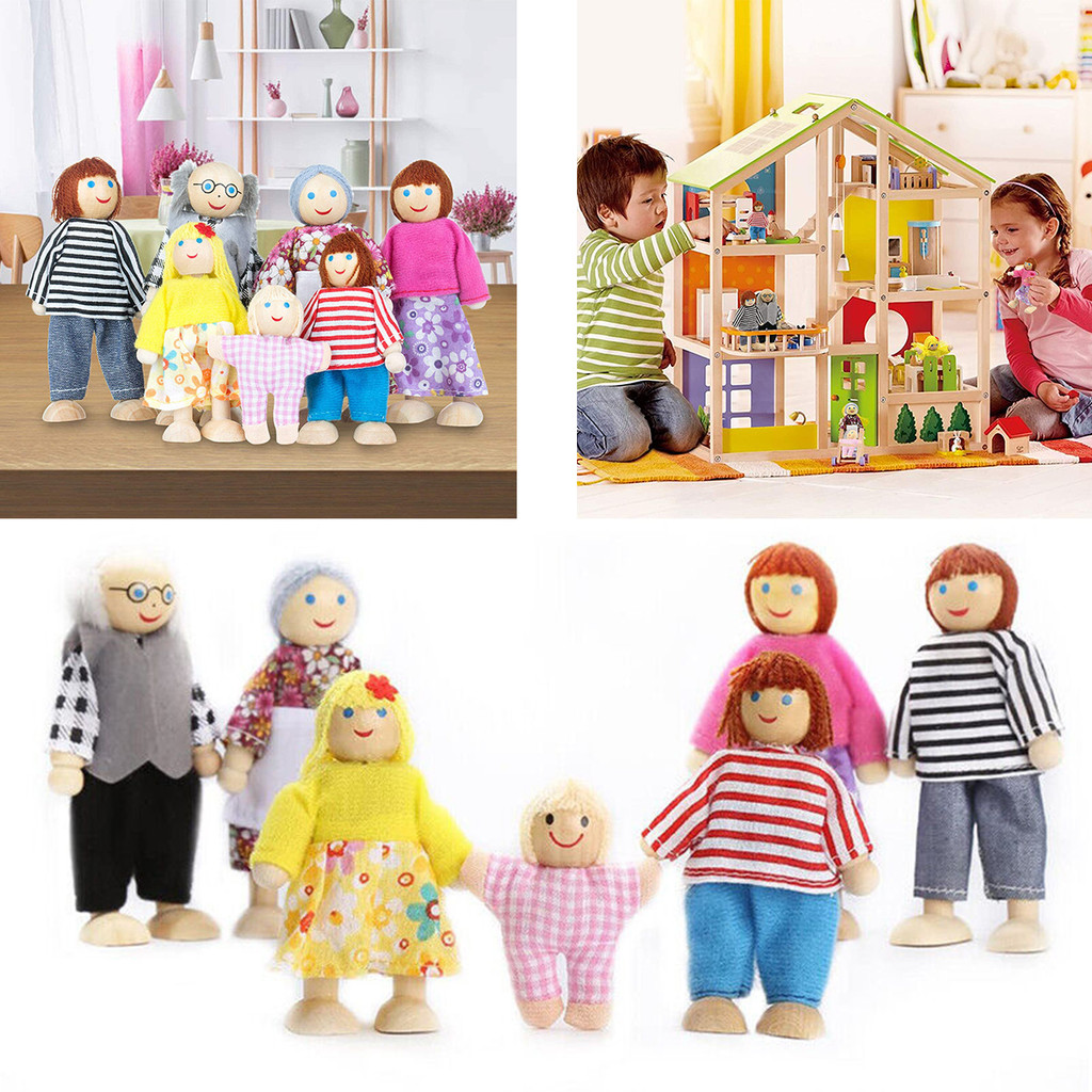 7pcs Happy Doll Family Miniature People ชุดของเล่นไม้ Jointed ตุ๊กตาเด็ก Muppet แกล้งทําเป็นของเล่น Story-telling Dressed ตัวละคร