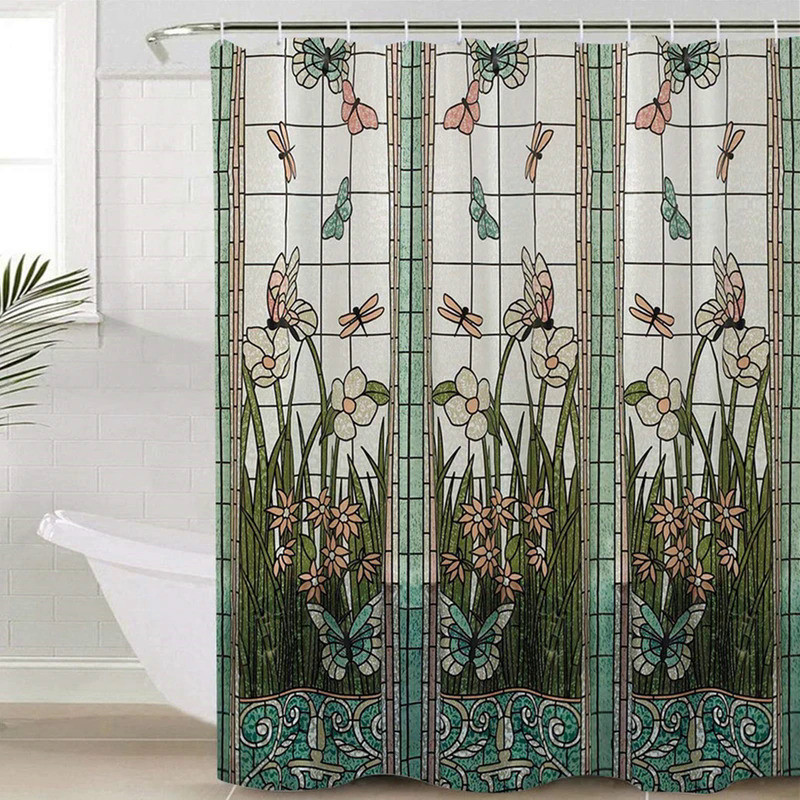 Waterproof Shower Curtain Stained Glass Meadow Flower Dragonfly Polyester Fabric Bath Curtain Home H
