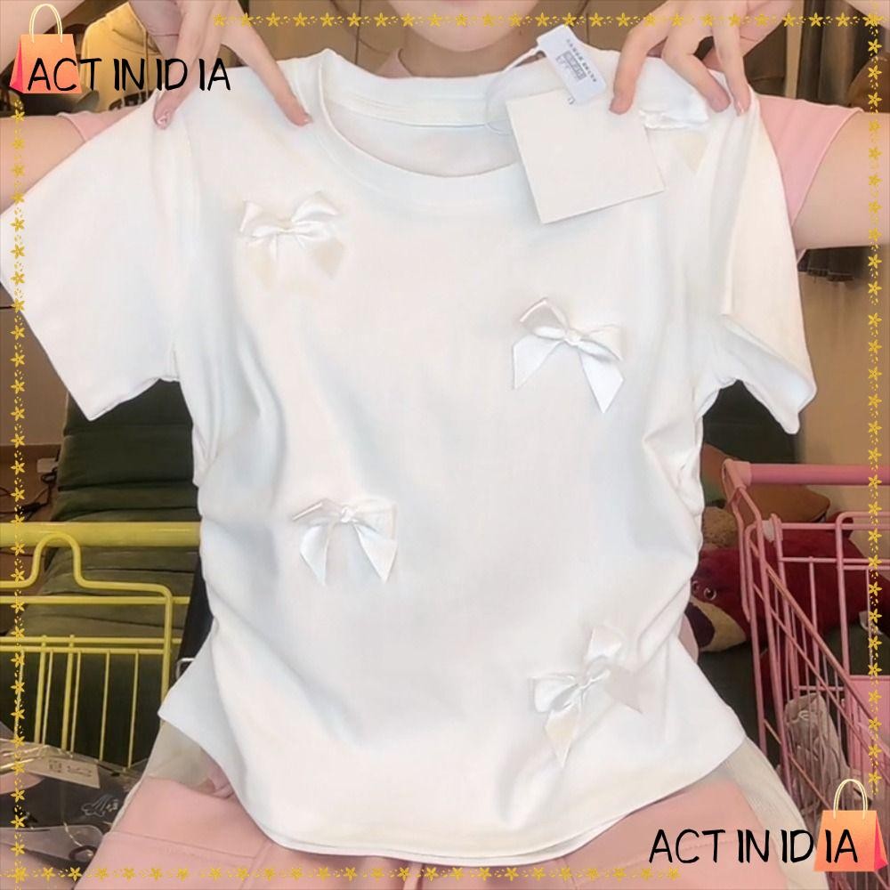 Actinidia ผู้หญิงยอดนิยม,รอบคอแขนสั้น Bowknot T เสื้อ,น่ารักสีทึบบัลเล่ต์สไตล์ญี่ปุ่นริบบิ้น Crop Tank Top ผู้หญิงสาว