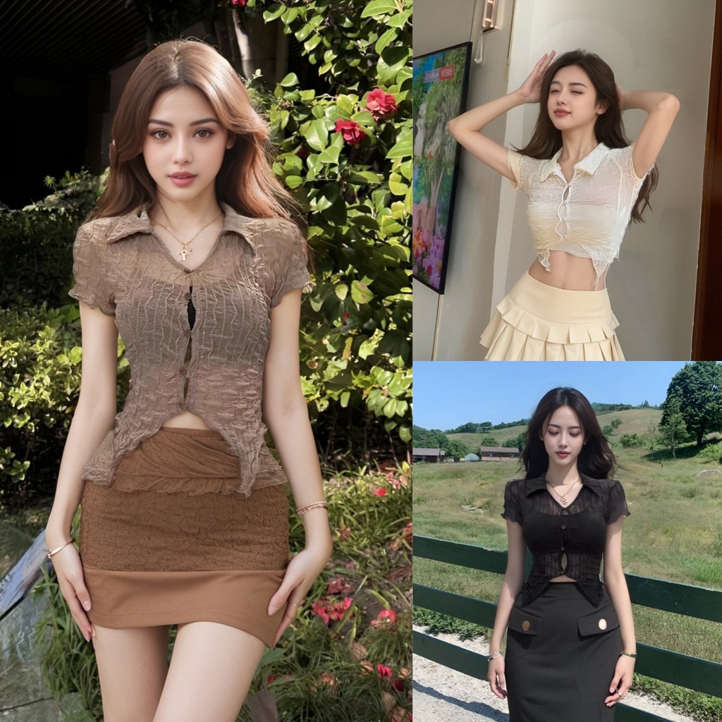 เสื้อครอปท็อปสั้นซีทรูสำหรับผู้หญิง สไตล์เซ็กซี่น่ารัก ใส่สบายและดูดี