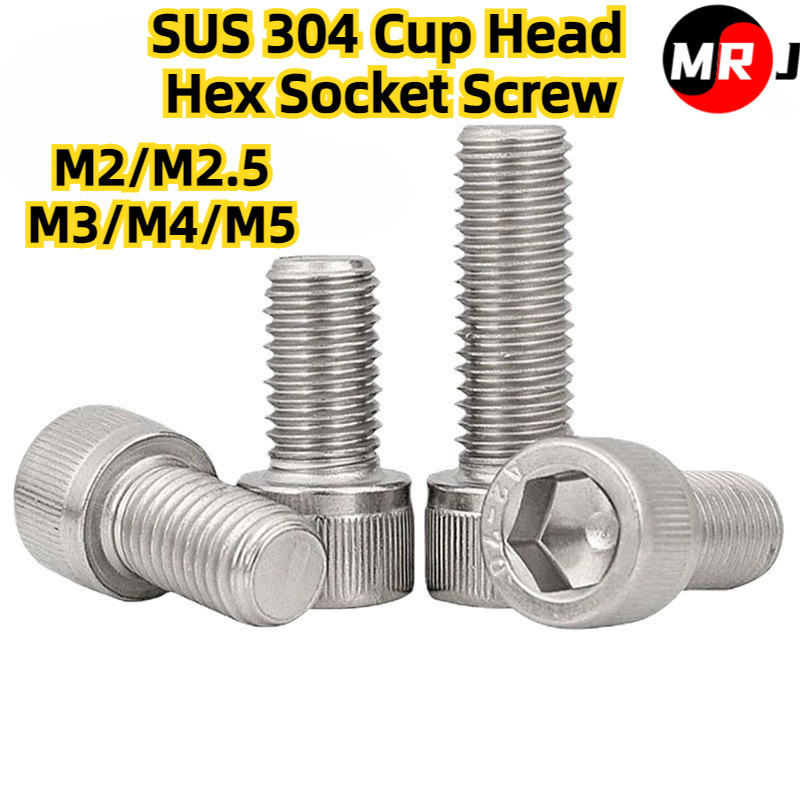[MRJ] 304 สแตนเลสสตีลหัวถ้วยหกเหลี่ยมซ็อกเก็ตสกรูหัวทรงกระบอก Bolt M2/M2.5/M3/M4/M5 สกรูเกลียวเต็ม