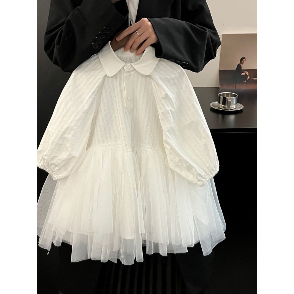 สาวแต่งตัว2024ฤดูใบไม้ร่วงสไตล์ตะวันตกสไตล์ใหม่เด็กเย็บกระโปรงผ้ากอซทารกอารมณ์สีทึบเสื้อกระโปรง