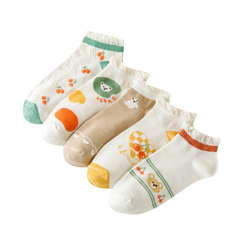 SY SHOP899 ถุงเท้าข้อสั้น (5ลาย/10คู่) ถุงเท้าแฟชั่นเกาหลี เนื้อผ้านุ่มงานถักอย่างดี ลายCHRRRY NO.B91