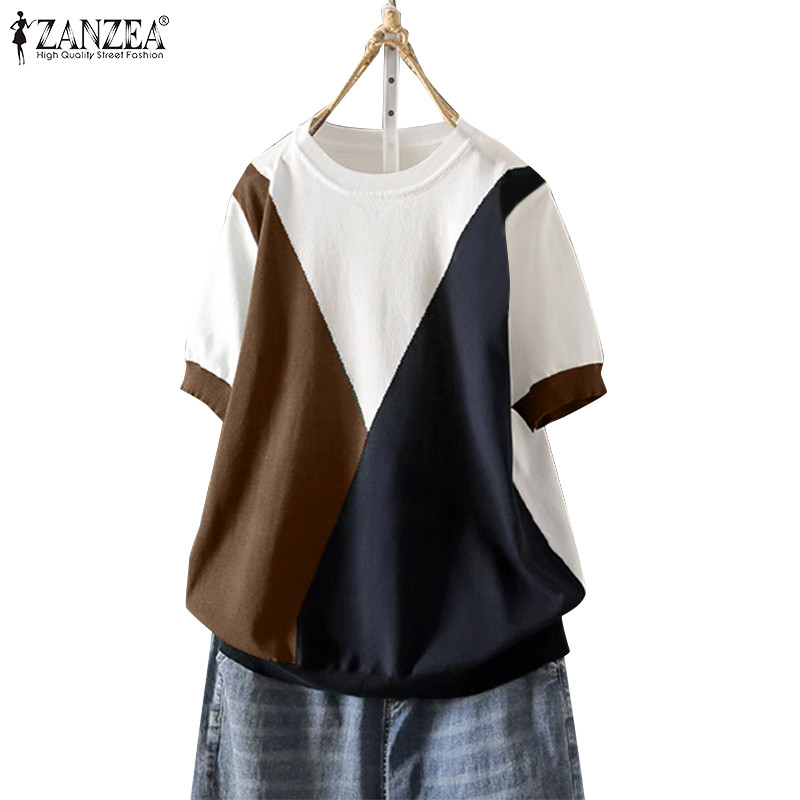 ZANZEA ซานเซีย เสื้อยืดแขนสั้นคอกลมสีตัดกันแฟชั่นเกาหลีสําหรับผู้หญิง