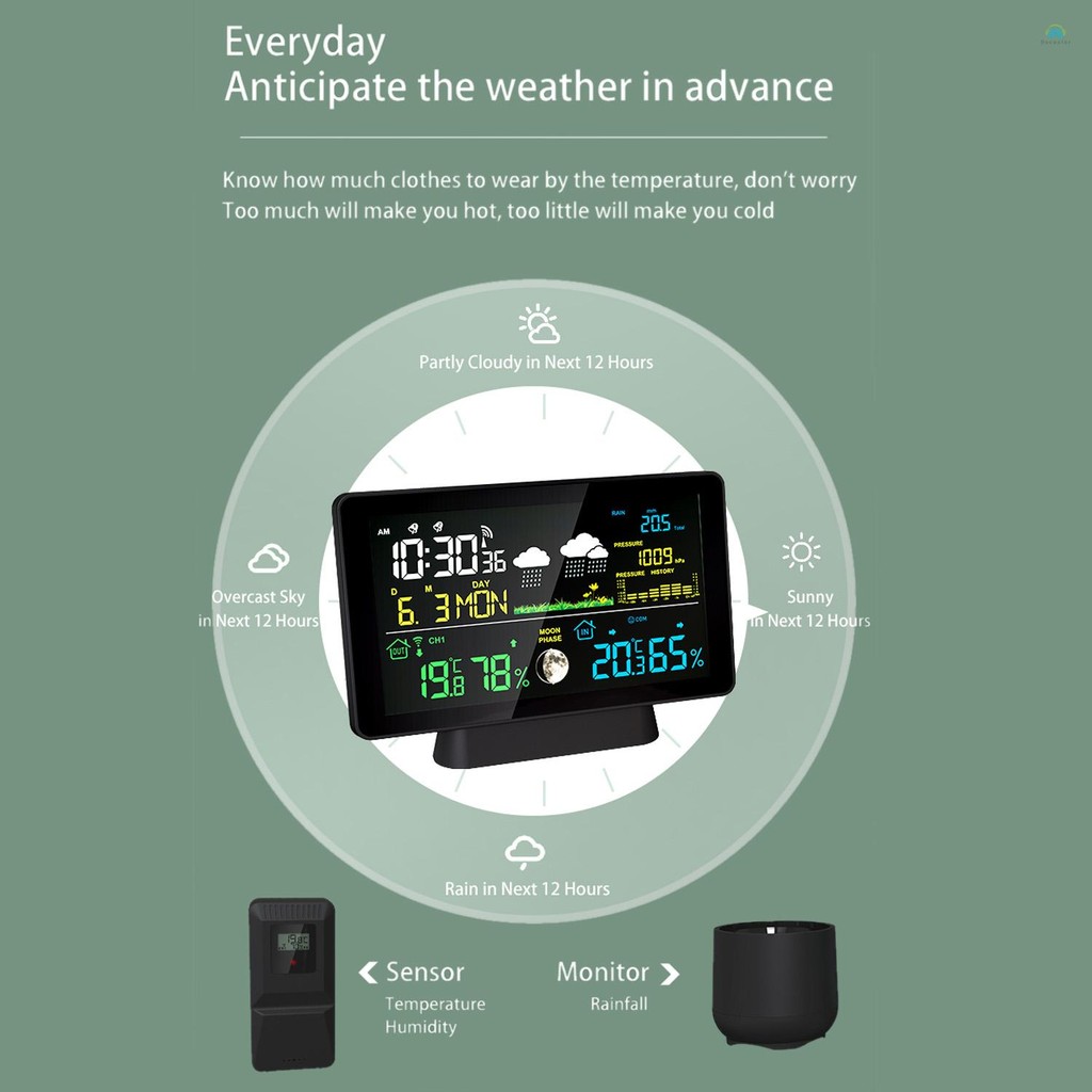 Yb1 Weather station7.5- นิ้วหน้าจอสีสถานีอากาศ Rain Gauge ในร่มและกลางแจ้งอุณหภูมิและความชื้นสถานีอากาศพร้อมจอแสดงผล Moon Phase ความดันบรรยากาศ