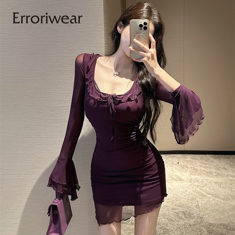 Erroriwear ผู้หญิงมินิเดรส 2024 สีทึบตาข่ายรอบคอ Flared แขนยาวชุดลําลองเข้ารูป