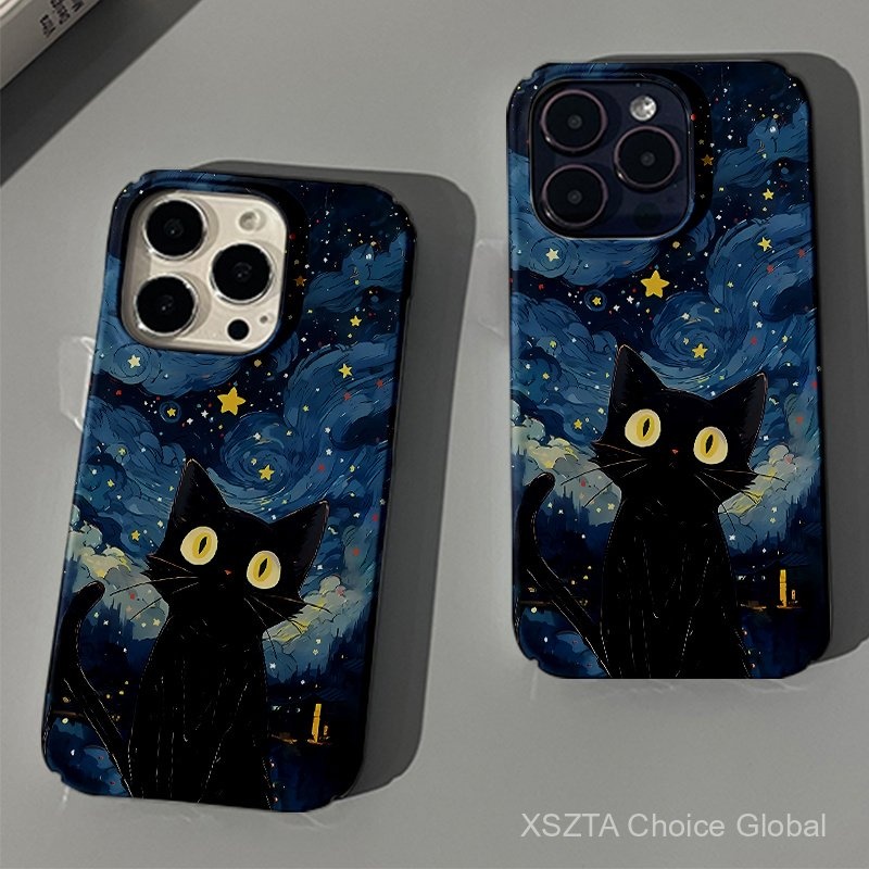 S tarry Sky แมวเข้ากันได้สำหรับ IPhone16 15 14 13 12 11 PRO MAX x XR XS MAX 8 7 6วินาทีบวก SE 2020สดใสก๋วยเตี๋ยวสี่ขนมปังป้องกันกล้องกันกระแทกปกหลังโทรศัพท์กรณี oxwp