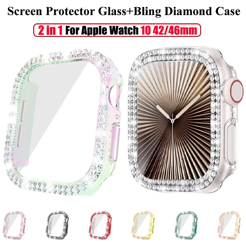 กระจกนิรภัยป้องกันหน้าจอเพชรสําหรับ Apple Watch 10 42 มม.46 มม.Bling PC Anti-Drop สําหรับ iWatch Series 10