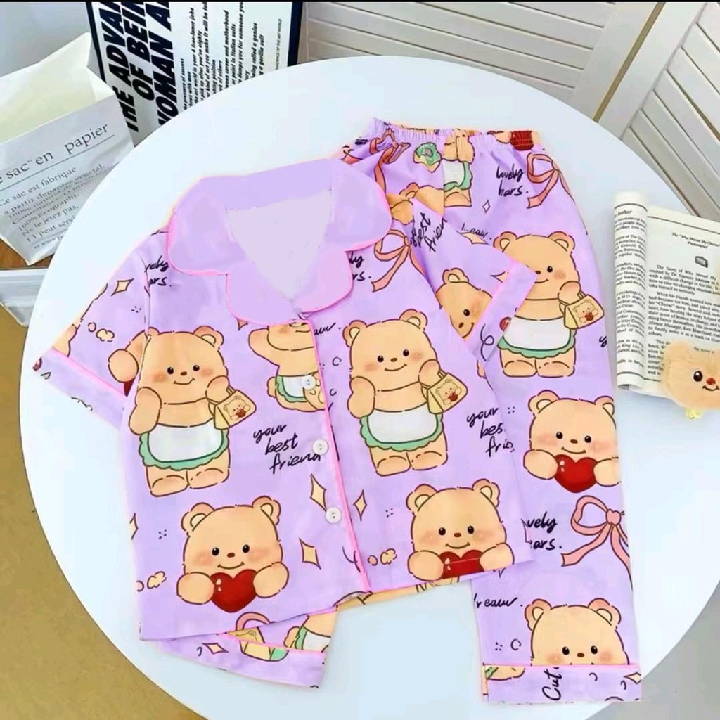 พร้อมส่งชุดนอนเด็กขายาว คอปก กระดุม ผ้าคอตตอนผสมฝ้าย รุ่น3716