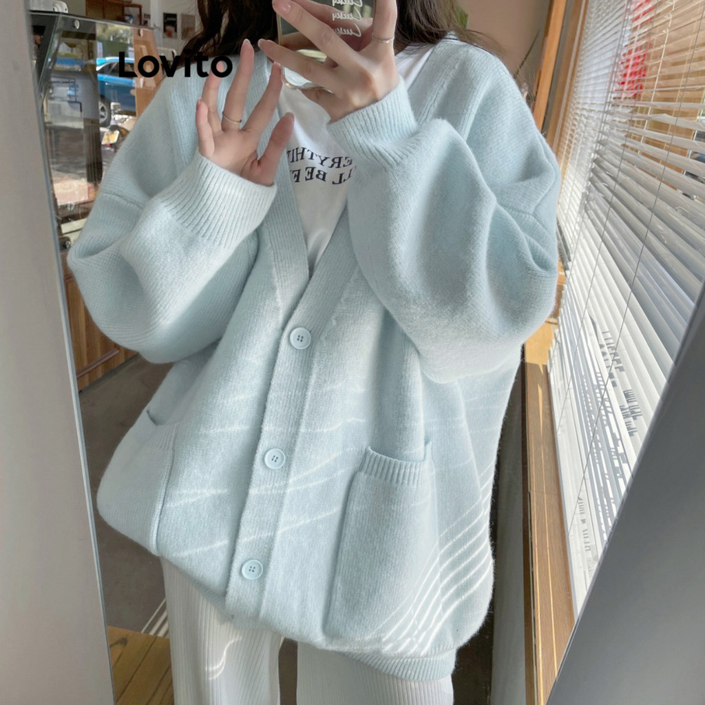Lovito เสื้อคาร์ดิแกนปุ่มกระเป๋าธรรมดาแบบสบาย ๆ สำหรับผู้หญิง L106AD280
