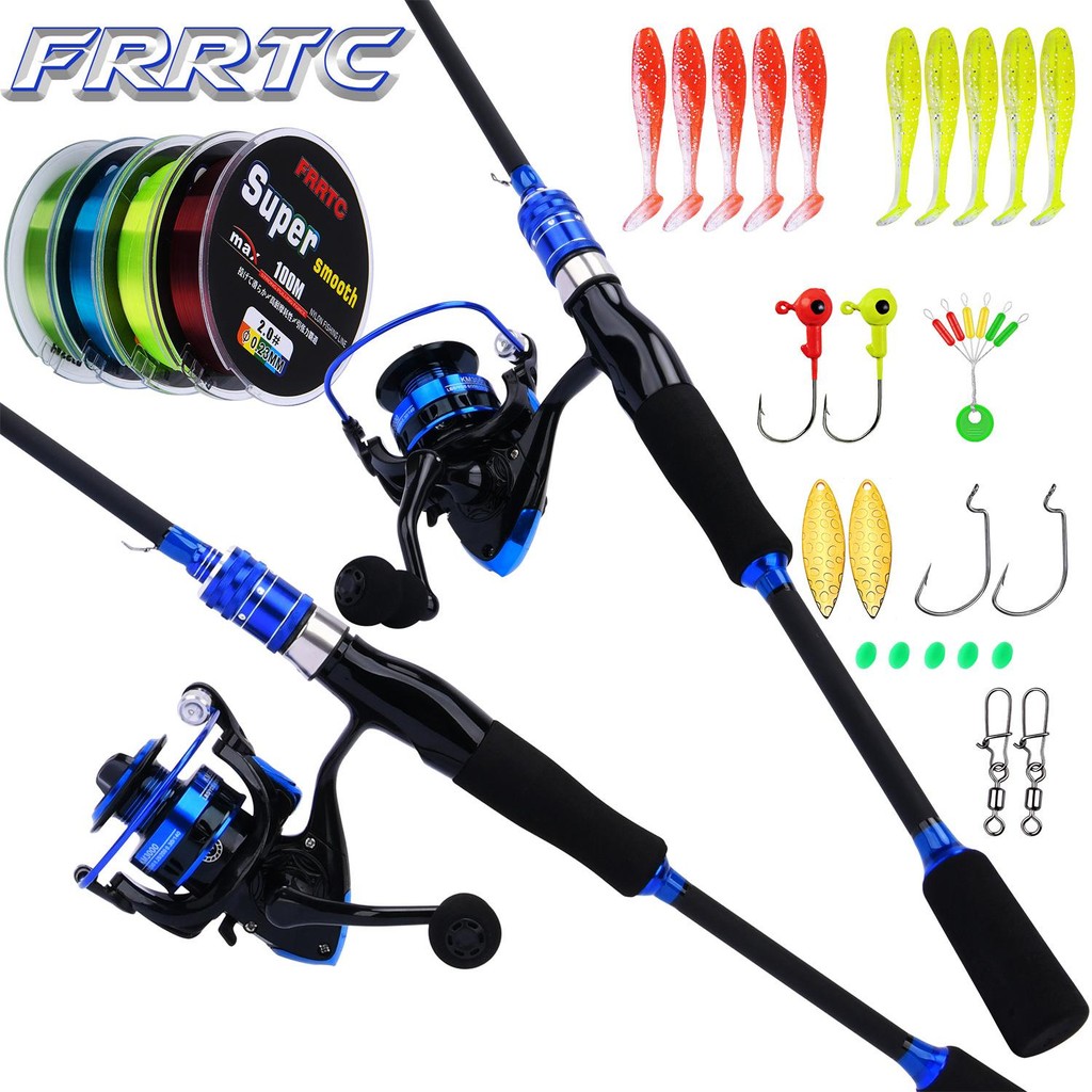 FRRTC เบ็ดตกปลาและรอกแบบพกพา Combo ชุดสีฟ้าพร้อมสายเบ็ดล่อ 2 ส่วนเบ็ดตกปลาแบบหมุนและม้วนโลหะ