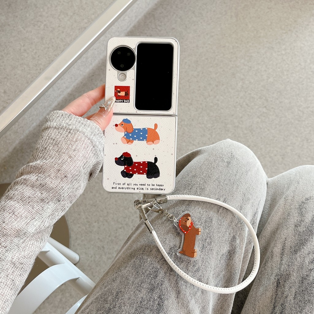 Oppo Find N3 flip 5G เคสหนังน่ารักการ์ตูนสุนัขดัชชุนพร้อมโซ่เคส OPPO Find N2 flip hard กันกระแทกโทรศัพท์ความคิดสร้างสรรค์กรณีปก