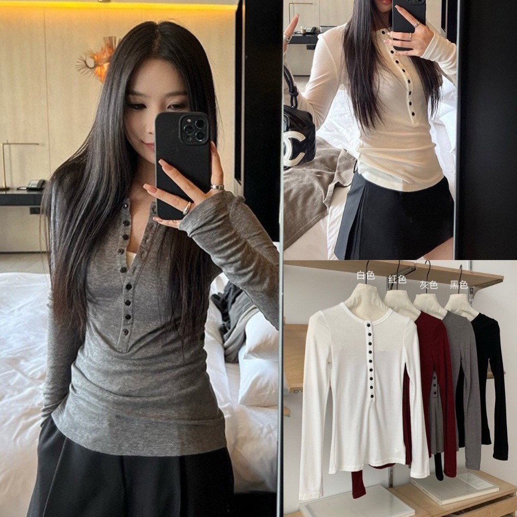 เสื้อแขนยาว คอกลม แต่งกระดุมยาว ผ้าดีมาก ทรงเกาหลี ทรงน่ารัก แฟชั่นเกาหลี TAG WG.WE