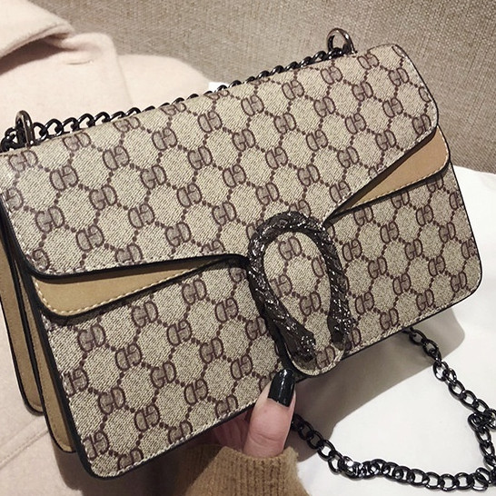กระเป๋าสะพายไหล่พิมพ์ลายย้อนยุค Messenger Chain กระเป๋าผู้หญิง