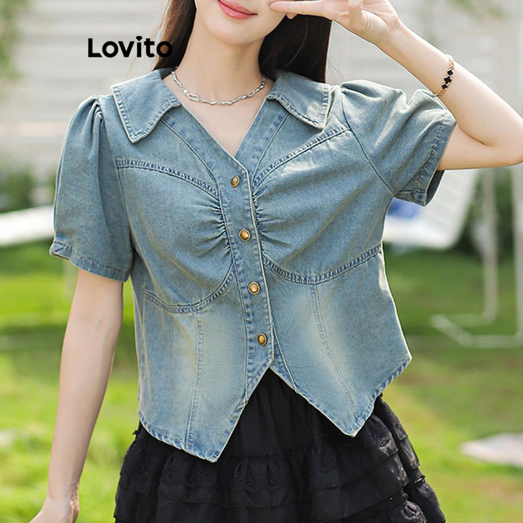 Lovito เสื้อยีนส์ผู้หญิง ผ้าฟอก สีพื้น สไตล์ลำลอง LNA63306