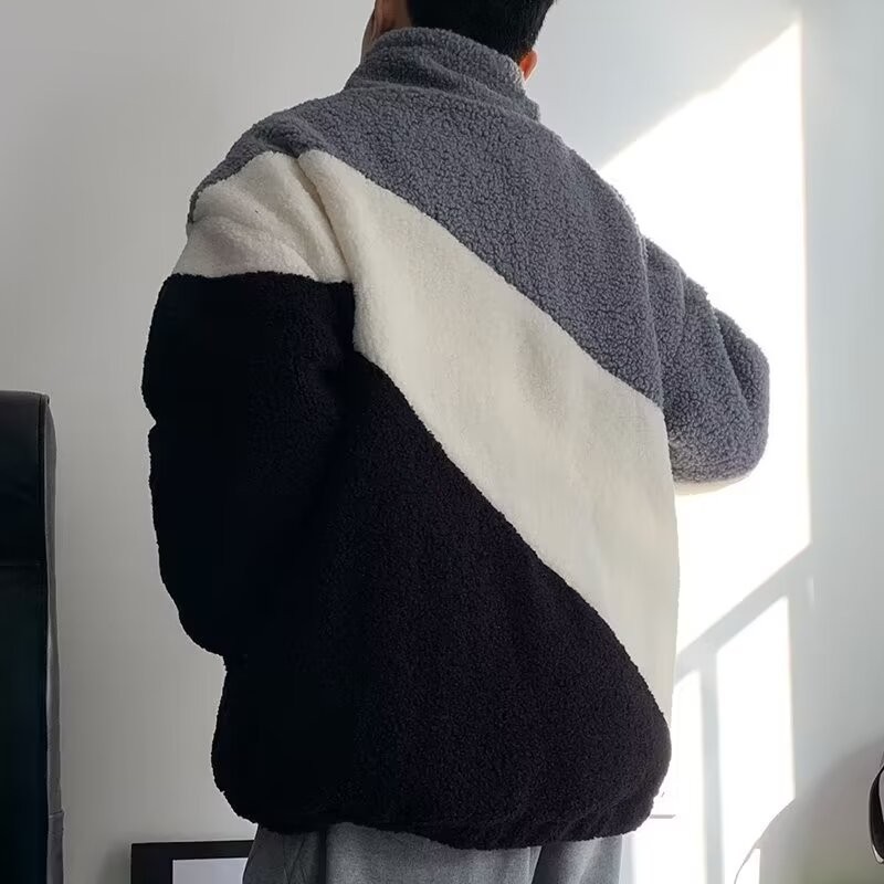 Esea Winter Coat Stand Collar Color Matching Lamb Wool ขนแกะเรียงรายหนาหลวมใหม่