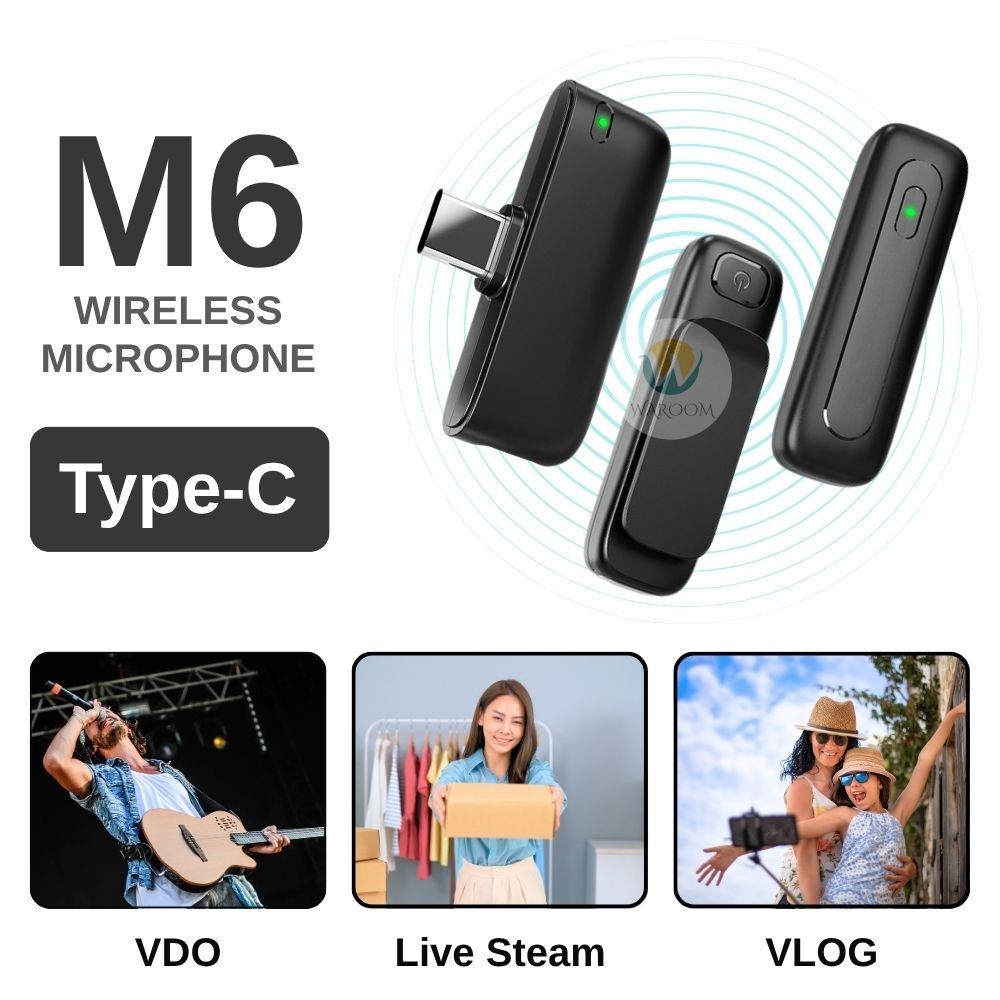 ไมโครโฟนไร้สาย รุ่น M6 ( Type-C ) แบบหนีบพกพาง่าย ระยะสัญญาณ 20 เมตร พร้อมโหมดตัดเสียงรอบข้าง/เสียงก้อง ใช้งานสะดวก