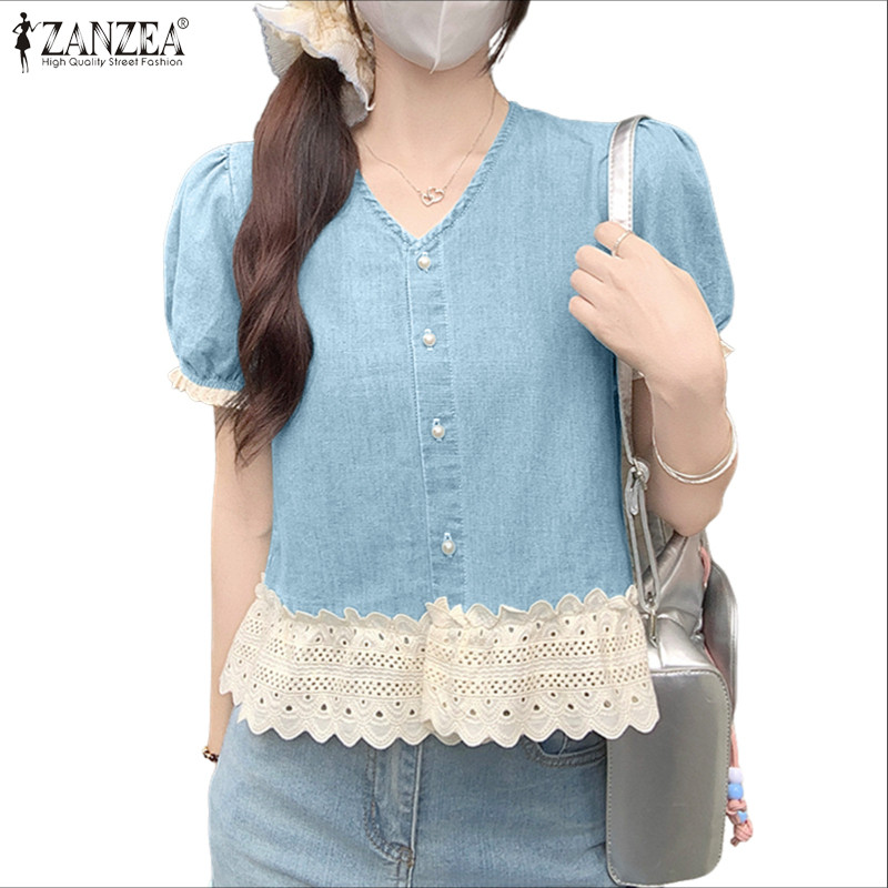 ZANZEA เสื้อผ้าเกาหลีสำหรับผู้หญิง สไตล์ย้อนยุค ดีไซน์อ่อนโยน V-neck แขนเสื้อลูกไม้ พิมพ์ลาย_patchwork