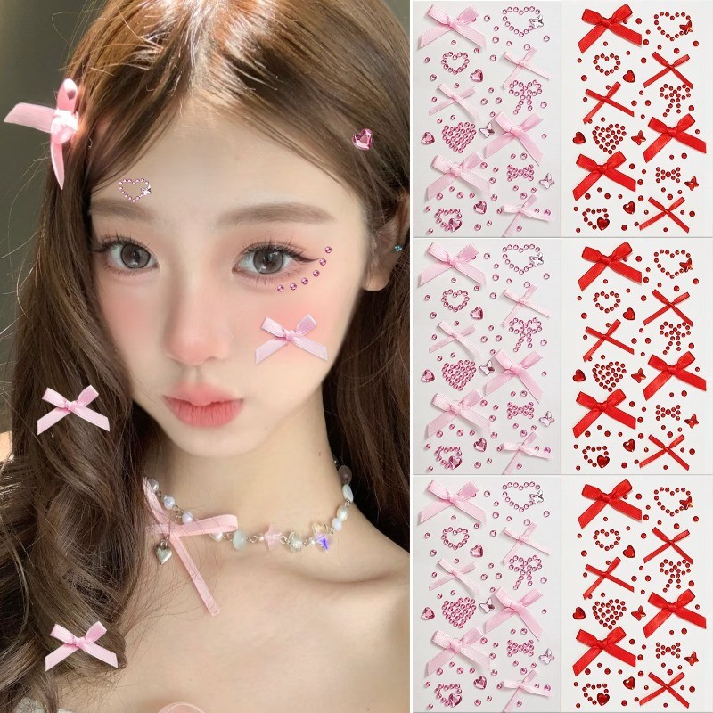พลอยเทียมโบว์สติกเกอร์โปร่งใส 5 แผ่น สีแดงและชมพู ประกายเพชร เพื่อการใช้งานและตกแต่งเอง