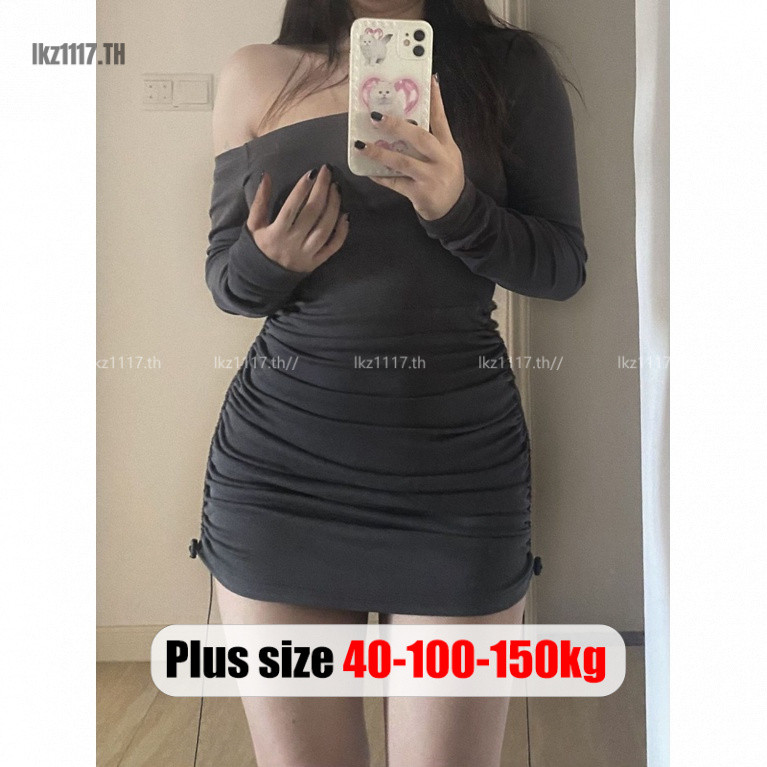 Plus Size✅เดรสสาวอวบ ไซส์ใหญ่ ผู้หญิง เดรสรัดรูป สาวอวบ มินิเดรส สาวอวบ ปาดไหล่ เซ็กซี่ แขนยาว มีเชือกผูก อัดพลีท ฤดูใบไม้ผลิ เกาหลี แฟชั่น Oversize พลัสไซส์ สาว อวบอ้วน ใส่ได้