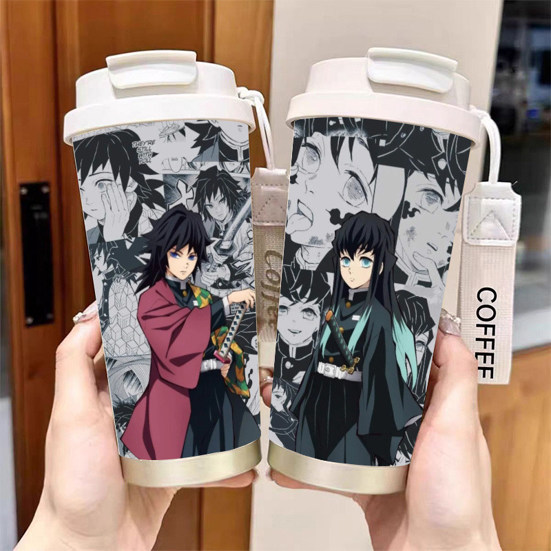 Demon Slayer 316 สแตนเลสกระติกน้ําร้อนถ้วย ins สูง-มูลค่ากาแฟฟางถ้วยขนาดใหญ่ความจุแบบพกพา Leak-proof คู่ขวดน้ําดื่มรถถ้วยน้ําแข็ง