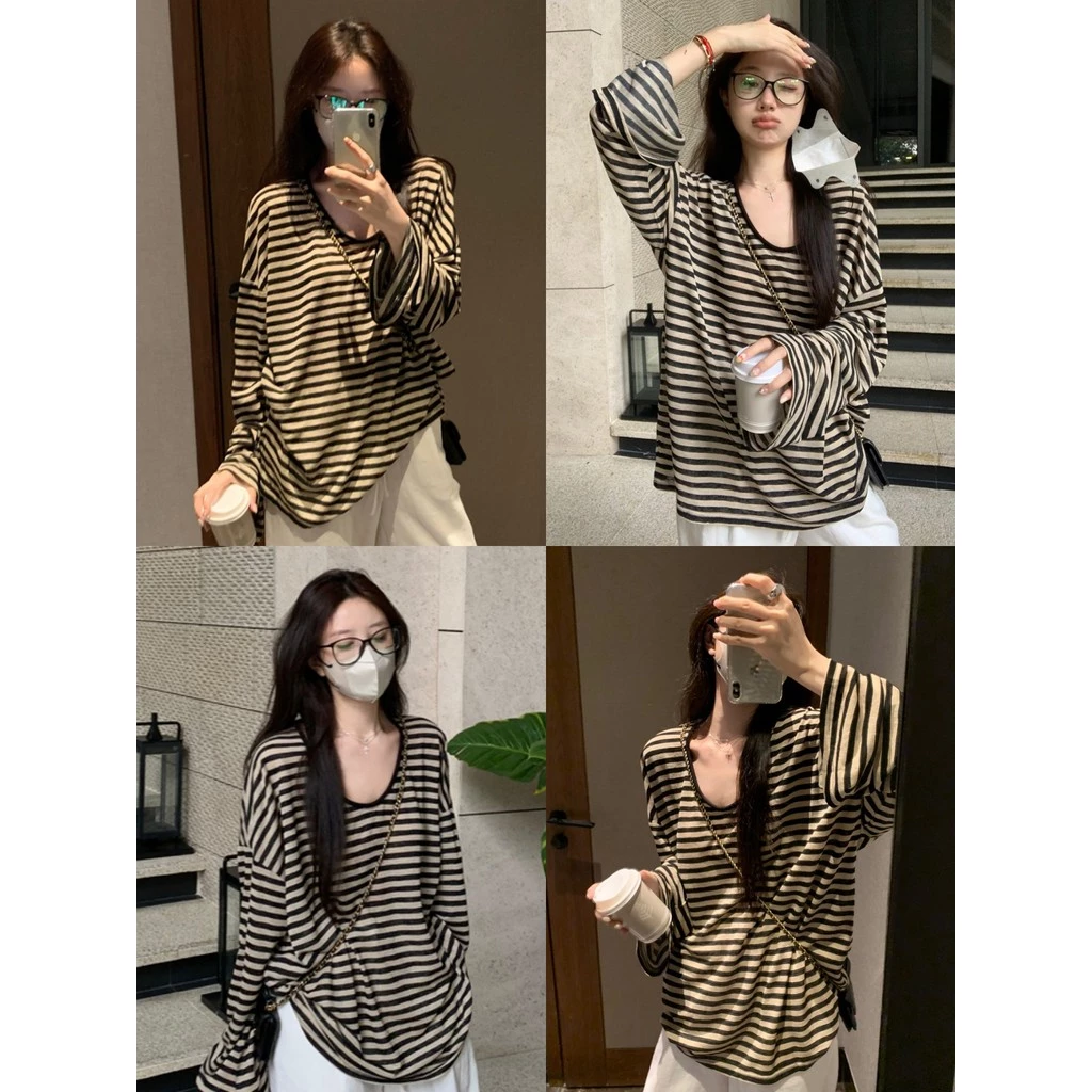 🌸Soroh🌸เสื้อยืด แขนยาว คอวี ลายทาง ทรงหลวม ผ้านิ่ม🌷สไตล์เกาหลี ลำลอง แฟชั่น ใส่สบาย💐#FY7804