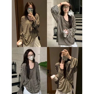 🌸Soroh🌸เสื้อยืด แขนยาว คอวี ลายทาง ทรงหลวม ผ้านิ่ม🌷สไตล์เกาหลี ลำลอง แฟชั่น ใส่สบาย💐#FY7804
