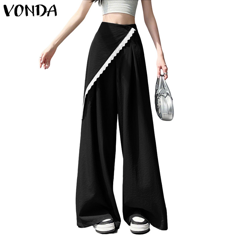 VONDA แฟชั่นเกาหลีสำหรับผู้หญิง เอวสูง ลูกไม้และปักะซิ่ง พาทเวิร์ค กางเกงขากว้าง