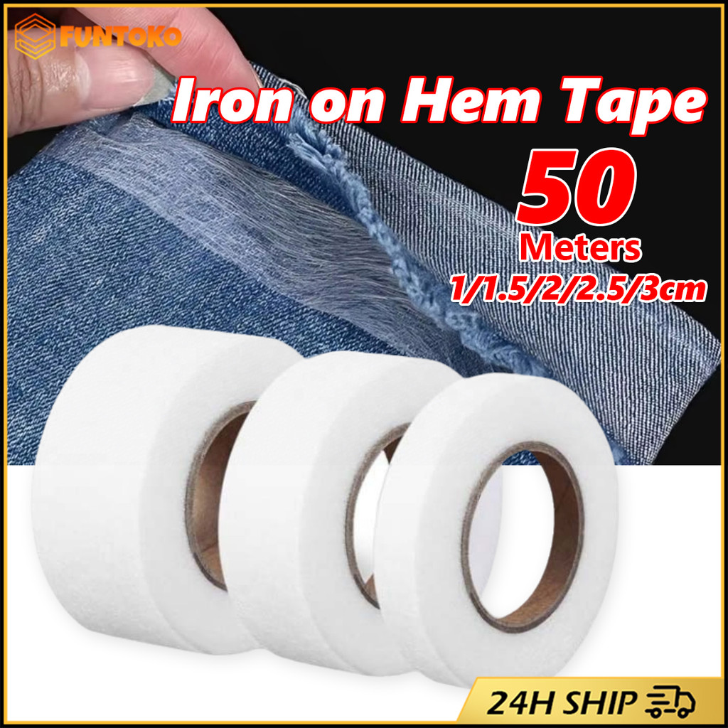 สินค้ามีคุณภาพ 50M เทปกาวสองหน้าแบบผ้า เทปกาวติดเสื้อผ้า รีดผ้าร้อนกดตาข่ายซับกาว ละลายสองด้าน หลายขนาด
