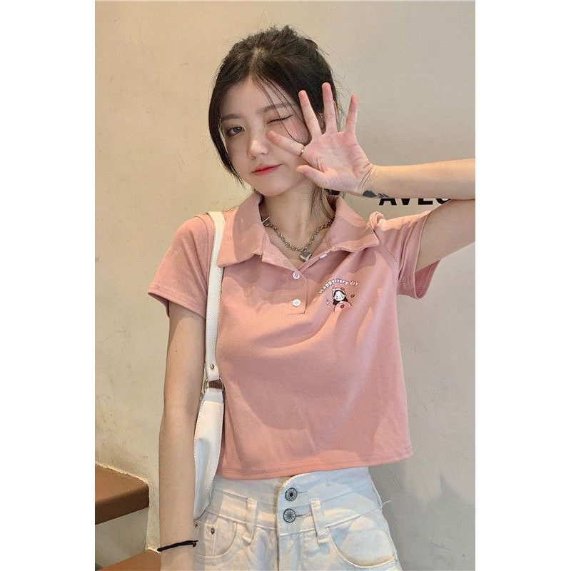 Insเสื้อยืดแขนสั้นสไตล์Polo Headityเสื้อยืดแขนสั้นผู้หญิงสไตล์Collegeสีชมพูคอโปโลแขนสั้นเสื้อยืดIMG2
