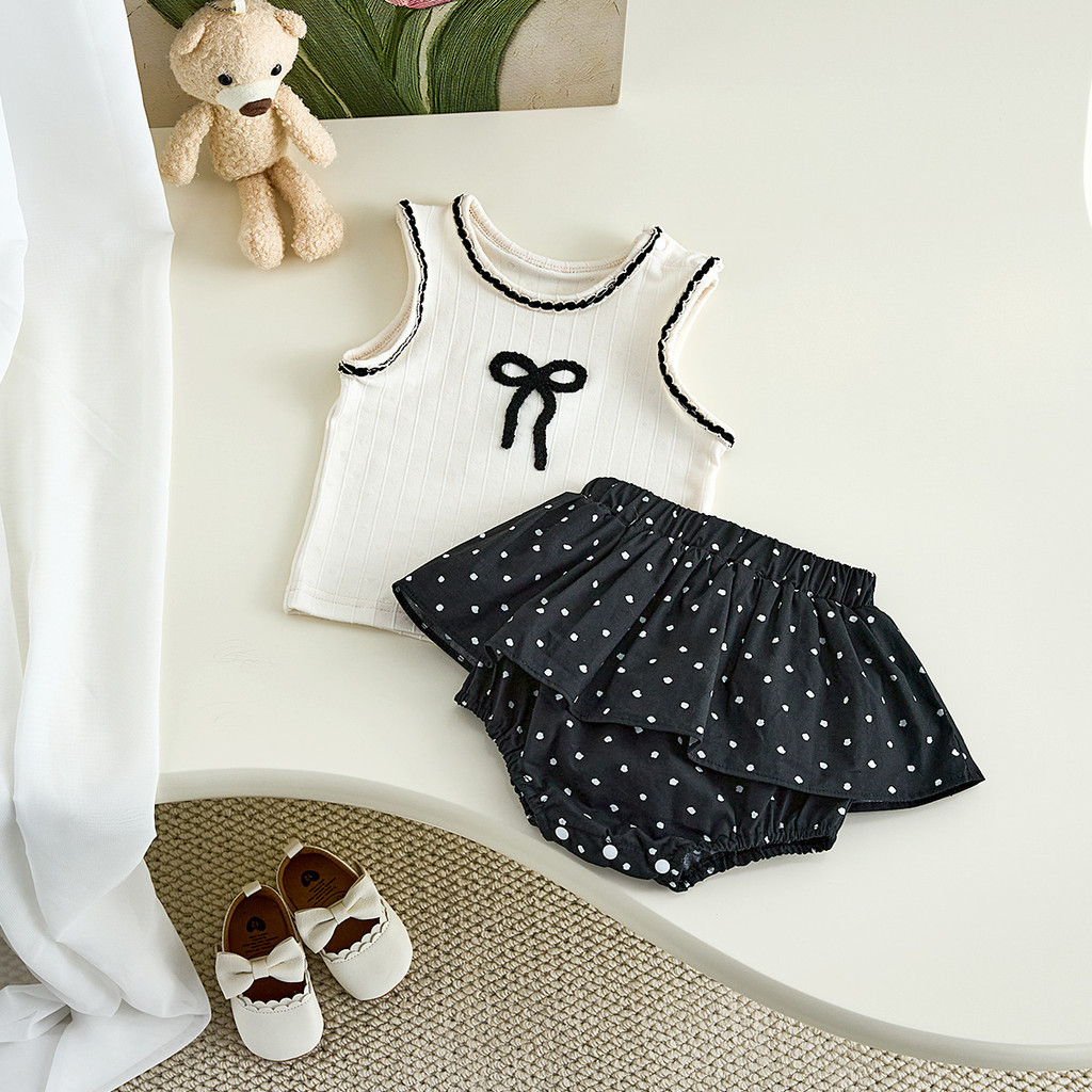 ชุดเสื้อกั๊กดีไซน์ใหม่สำหรับเด็กทารก สไตล์เกาหลี มิกซ์กับกางเกงลายจุด