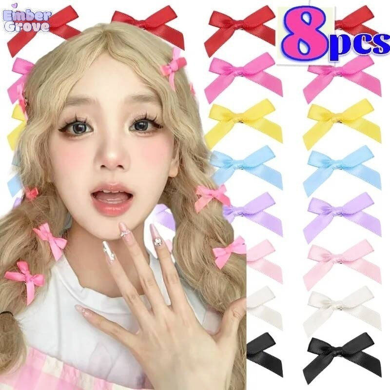 8 ชิ้น 3/4ซมเด็กหวานสีทึบ ธนูขนาดเล็ก กิ๊บติดผมเด็กผู้หญิงบัลเล่ต์สไตล์ริบบิ้นถักอุปกรณ์เสริมผม