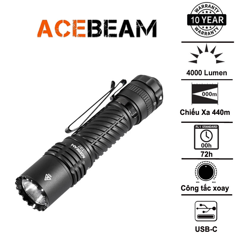 Acebeam T37 – Đèn pin chiến thuật 4000lm, chiếu xa 440m, công tắc xoay, USB-C