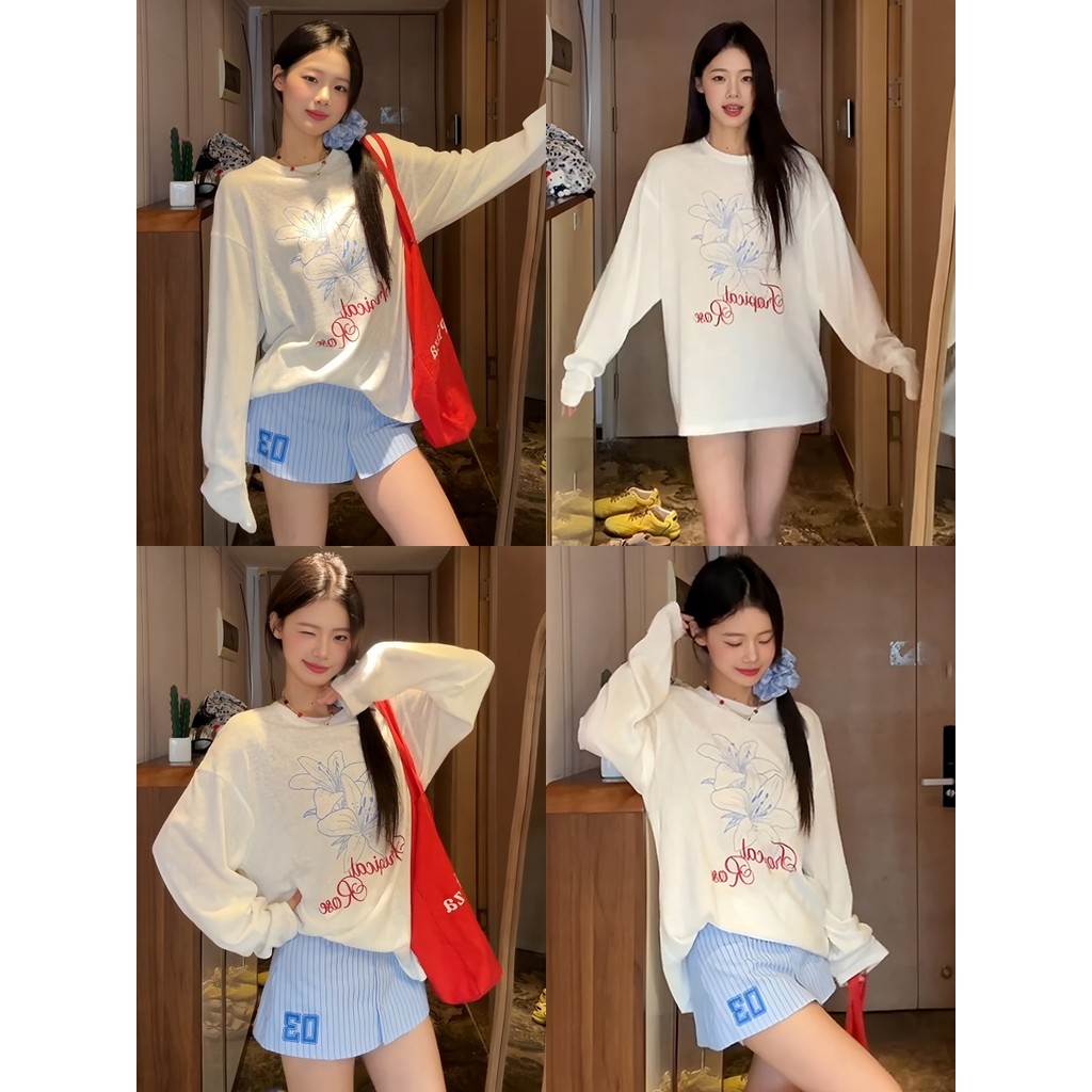 🥥Evelyn🥥เสื้อแขนยาว คอกลม ลายดอกไม้ ผ้าเนื้อบางเบา ใหม่ เสื้อยืดผู้หญิง สวมใส่สบาย แฟชั่นลำลอง