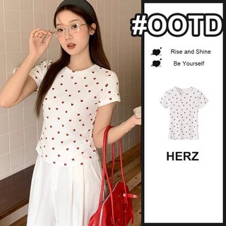 kaos lengan pendek wanita bermotif love polka dot t-shirt bahu bulat korean style slim fit kaos press body wanita cewek