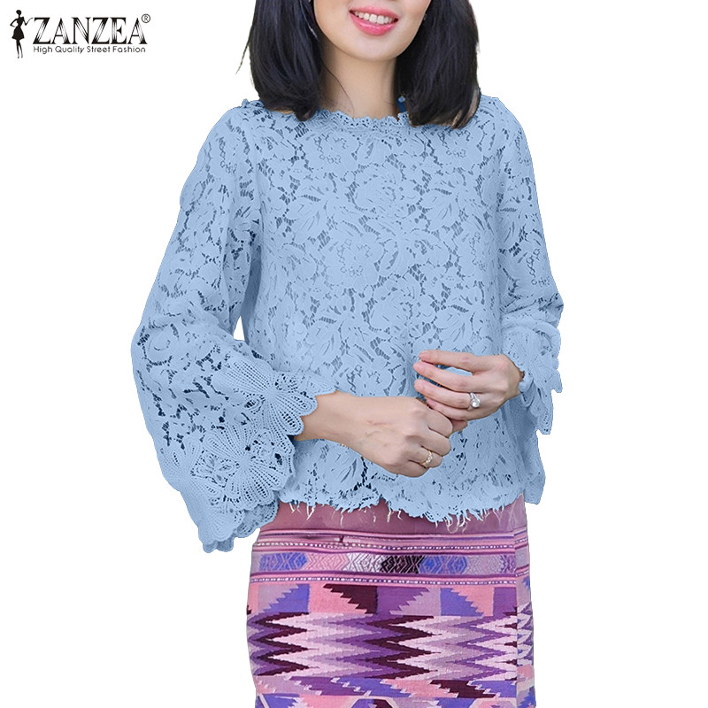 ZANZEA เสื้อแฟชั่นเกาหลีหรูสำหรับผู้หญิง แบบแขน3/4 ลายบานลูกไม้Crochet มีปุ่มด้านหลัง — صورة 6