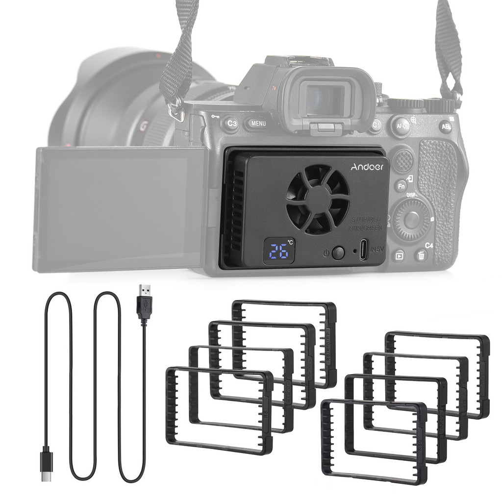 Andoer FS-06 กล้องพัดลมระบายความร้อนระบบระบายความร้อนภายนอกพร้อมจอแสดงผล OLED 8 ชิ้นอะแดปเตอร์ติดตั้