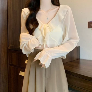 เสื้อคลุมแขนยาวงานชีฟองบาง ดีเทลเชือกผูกโบว์ด้านหน้า แนวสาวเกาหลี ชายแต่งระบาย ผ้าดีใส่สบาย น่ารักมาก