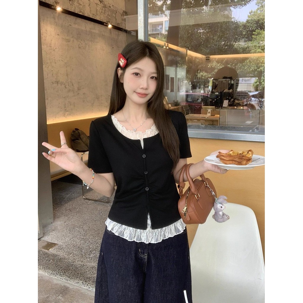 ‌เสื้อยืดฤดูร้อนขนาดบวกของผู้หญิง - ลูกไม้ขอบม็อกสองชิ้นออกแบบด้านบน ‌