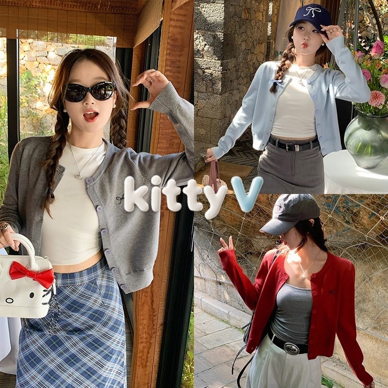kitty.vogue พร้อมส่ง เสื้อคาดิแกรนไหมพรม แขนยาว คอกลม ปักฌบว์ที่หน้าอก-Z-YX12