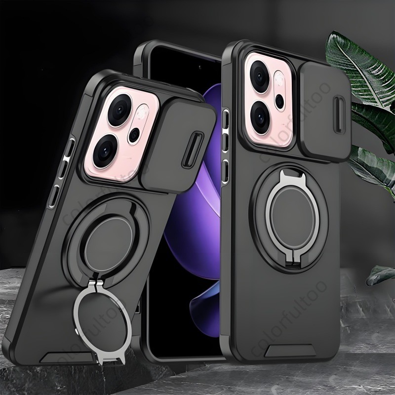 เกราะกันกระแทกเคสโทรศัพท์สําหรับOppo Reno 16 14F 14 Pro Reno14F Reno14Pro 15F 16FS Reno16Pro 5G Pushดึงสไลด์กล้องเลนส์ป้องกันฮาร์ดปลอกปกหลังพร้อมผู้ถือแหวนโลหะ