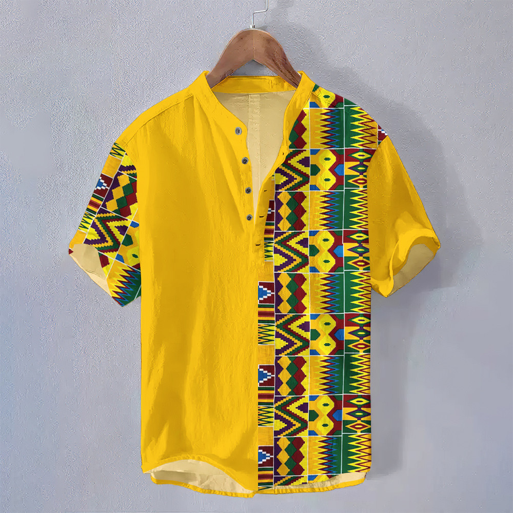 เสื้อยืนขึ้นปกสไตล์ชาติพันธุ์และโบฮีเมียน สำหรับผู้ชาย ทรงหลวม+