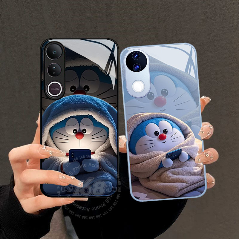 เคส Vivo V60 V70 V50 V40 เคส Vivo V50 V60 Lite Case เคสน่ารักการ์ตูน Doraemon โดราเอมอนตลกกันกระแทกหรูหราของเหลวแข็งกระจกฝาครอบสําหรับเด็กชายสาวนักเรียน
