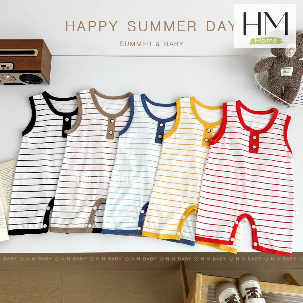 ชุดบอร์ดี้สูท เสื้อผ้าเด็กแรกเกิด รอมเปอร์เด็ก 0-12เดือน บอร์ดี้สูทแขนกุด ลายแถบ - รูปที่ 2