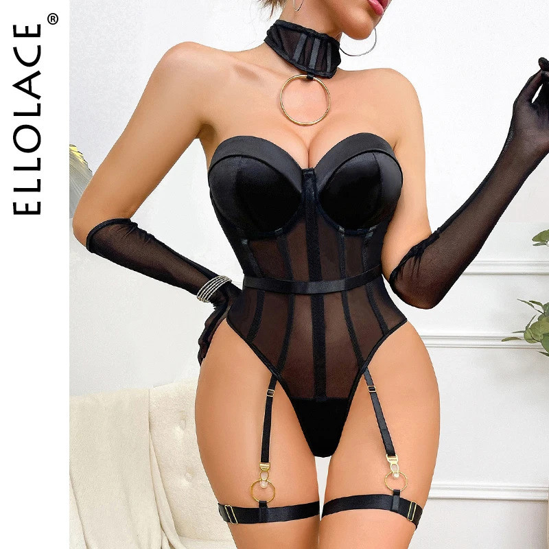 ELL Lingerie Bodysuit with Gloves Sexy Bustier Body Clothes Woman Silk Kinky Sexy Outfits Elegant Ti